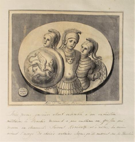 Zdjęcie nr 3 (6)
                                	                             Sard intaglio, Three Horati, Bari, Museo Archeologico inv. 2017 - drawing by Girolamo Odam, ca. 1715-1731
                            