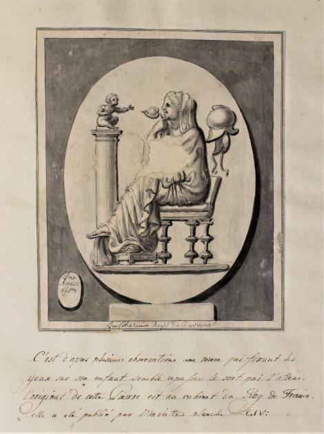 Zdjęcie nr 5 (6)
                                	                             Garnet intaglio, Ariadne seated, little Bacchus on a column, Paris, BnF inv. 58.1473 - drawing by Girolamo Odam, 1715-1731
                            